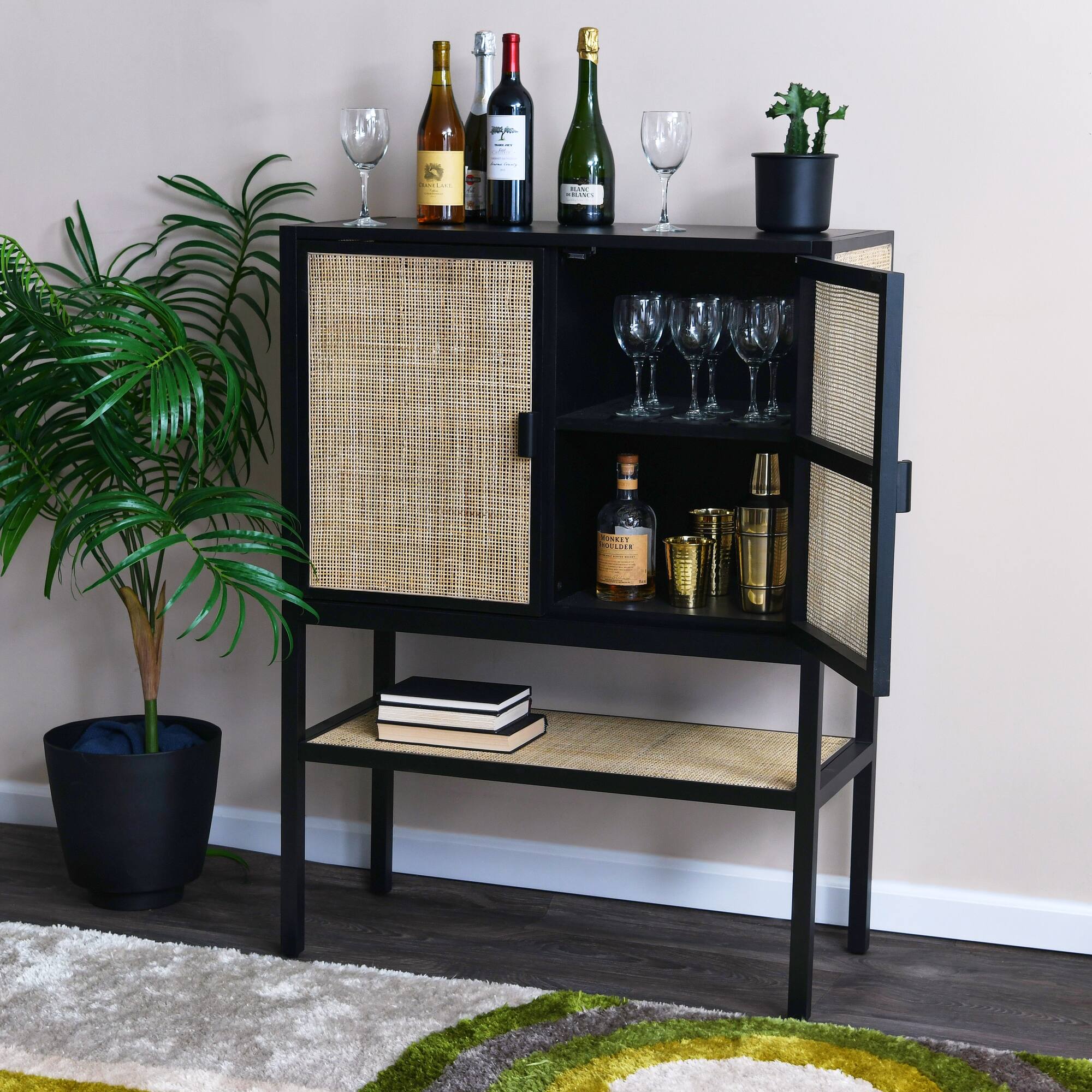 Hello Honey® 47" Boho Woven Rattan and Wood Cabinet with Doors, Shelf